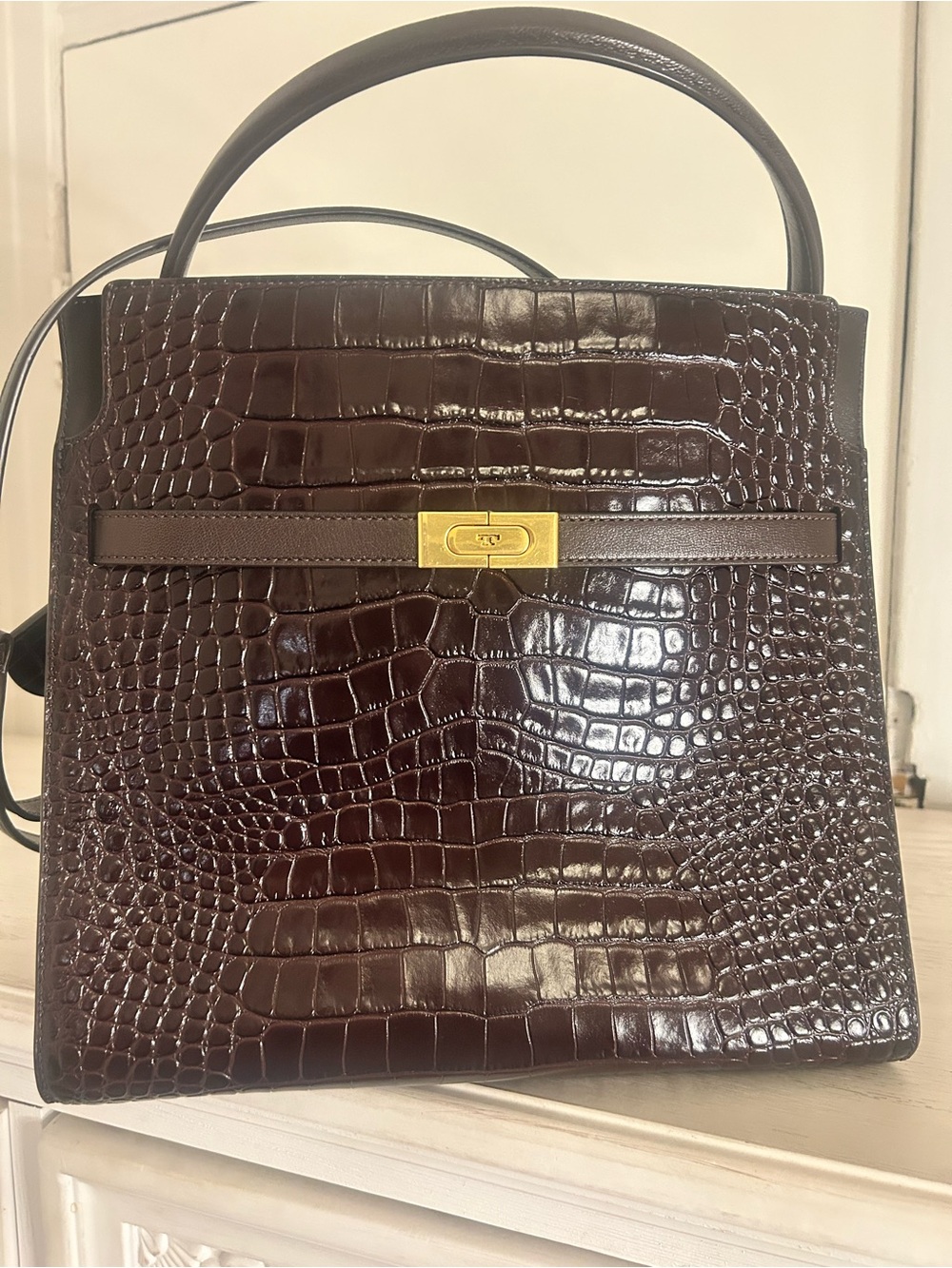 Tory Burch Croc-Embossed Leather Top Handle Bag in Dark Brown - Picture 3 of 8